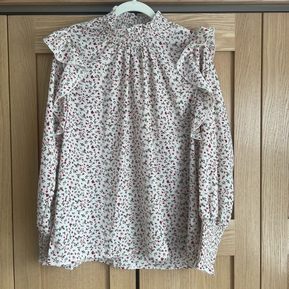Smocked Neck Floral Ruffle Blouse - White with Red Floral